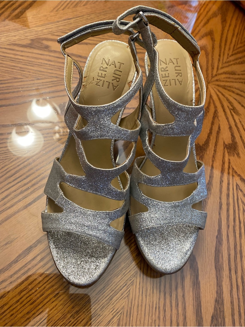 Naturalizer Silver Glitter Strappy Sandals with Ankle Strap